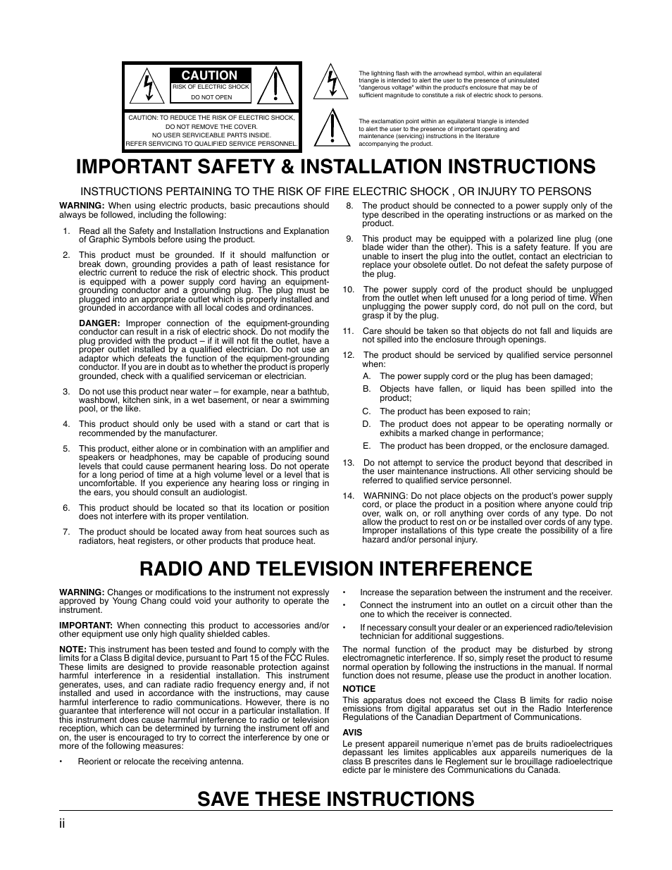 Important safety & installation instructions, Radio and television interference, Save these instructions | Caution | Kurzweil Forte User Manual | Page 3 / 388