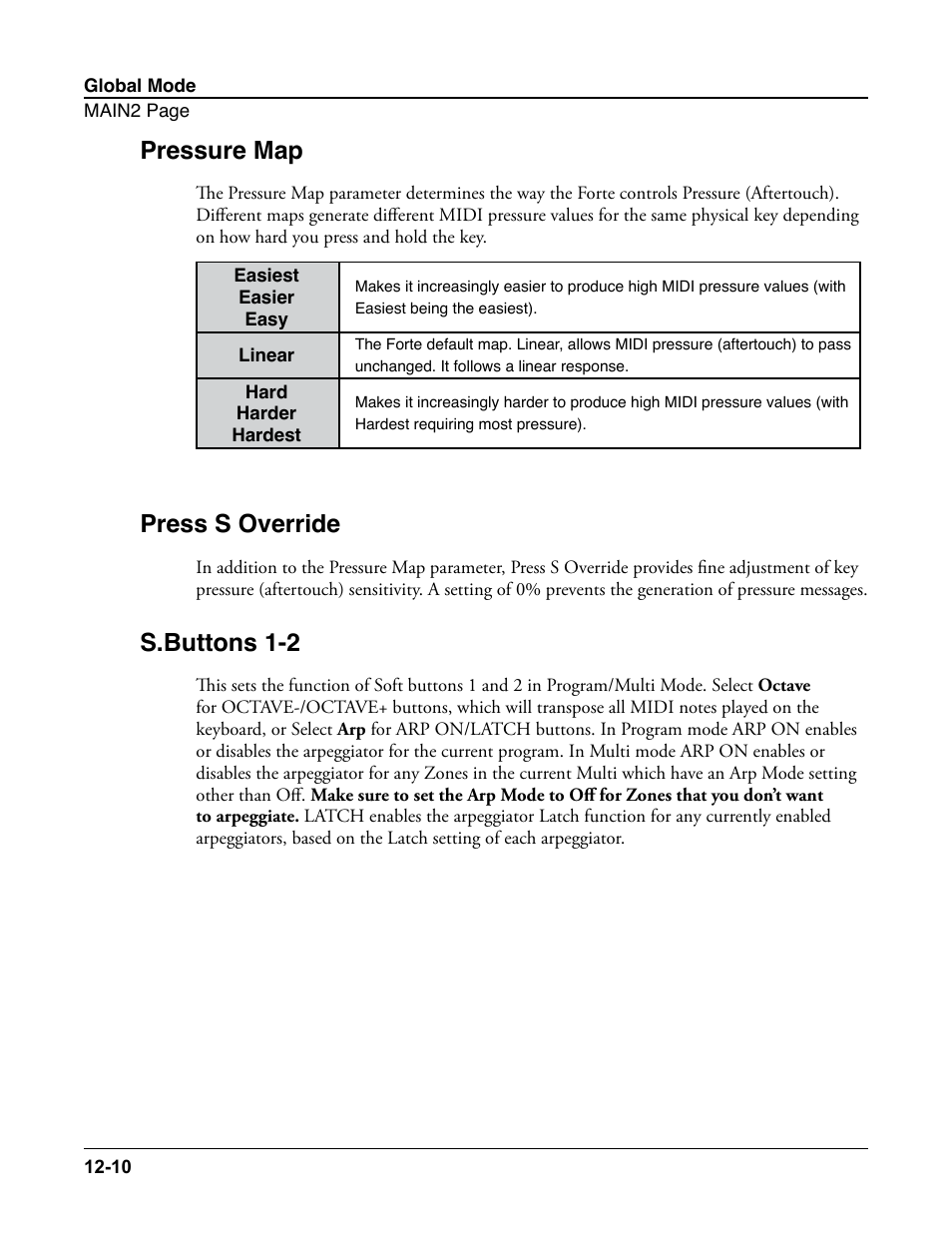 Pressure map, Press s override, S.buttons 1-2 | Pressure map -10 press s override -10, S.buttons 1-2 -10, For an easy way to contr, Ch soft buttons (see, S.buttons, Or to a switch pedal b, Stop arpeggiation at any time (see | Kurzweil Forte User Manual | Page 300 / 388