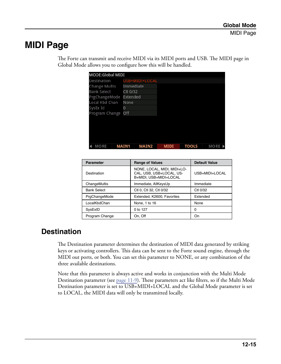 Destination, Destination -15, Midi page | Kurzweil Forte User Manual | Page 305 / 388