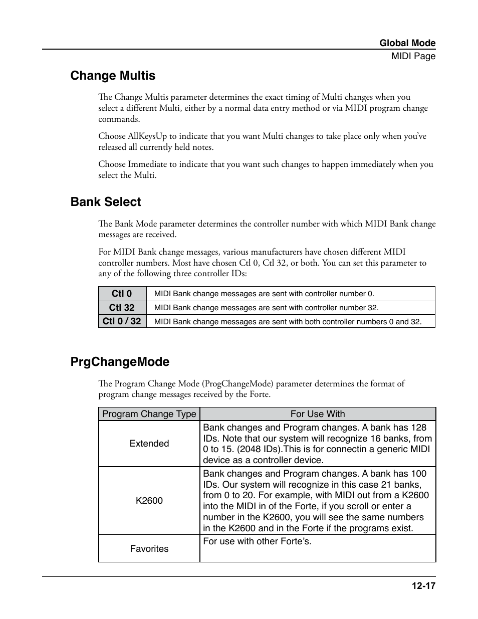Change multis, Bank select, Prgchangemode | Kurzweil Forte User Manual | Page 307 / 388