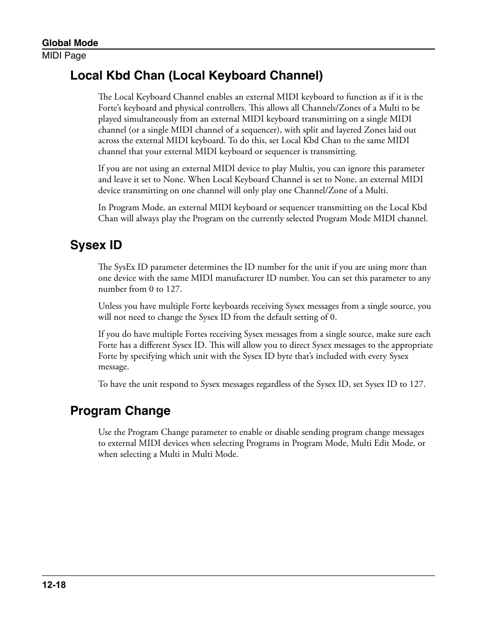 Local kbd chan (local keyboard channel), Sysex id, Program change | One, see, For details.) | Kurzweil Forte User Manual | Page 308 / 388