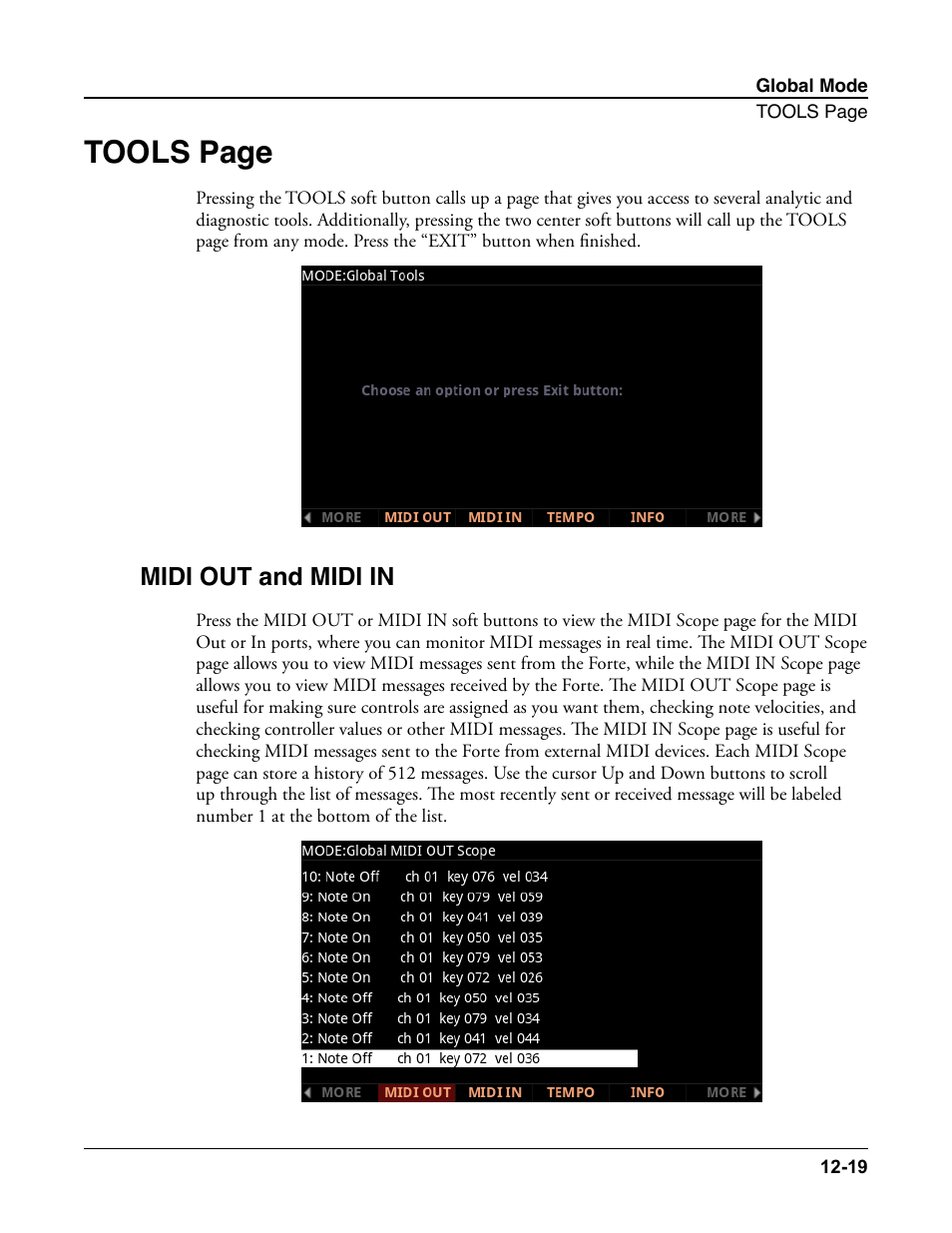 Midi out and midi in, Midi out and midi in -19, Tools page | Kurzweil Forte User Manual | Page 309 / 388