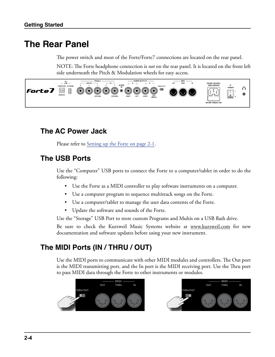 The rear panel, The ac power jack, The usb ports | The midi ports (in / thru / out), The rear panel -4 | Kurzweil Forte User Manual | Page 31 / 388