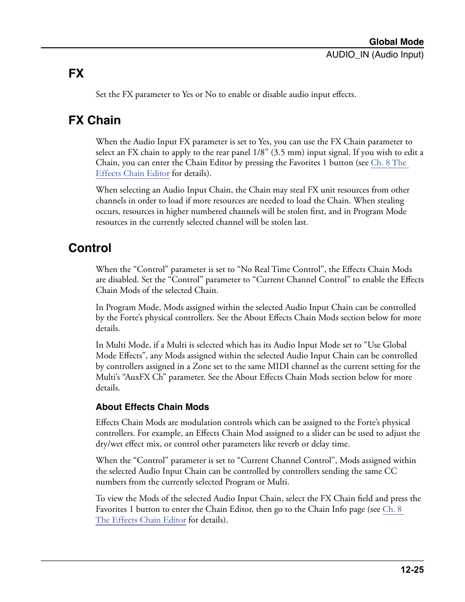 Fx chain, Control, About effects chain mods | Fx -25 fx chain -25 control -25, About effects chain mods -25 | Kurzweil Forte User Manual | Page 315 / 388