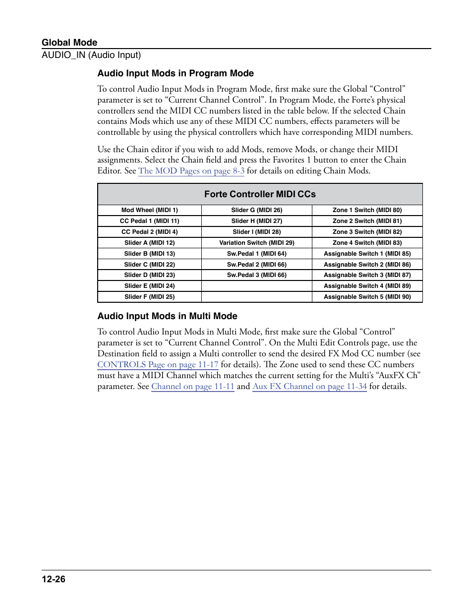 Audio input mods in program mode, Audio input mods in multi mode | Kurzweil Forte User Manual | Page 316 / 388