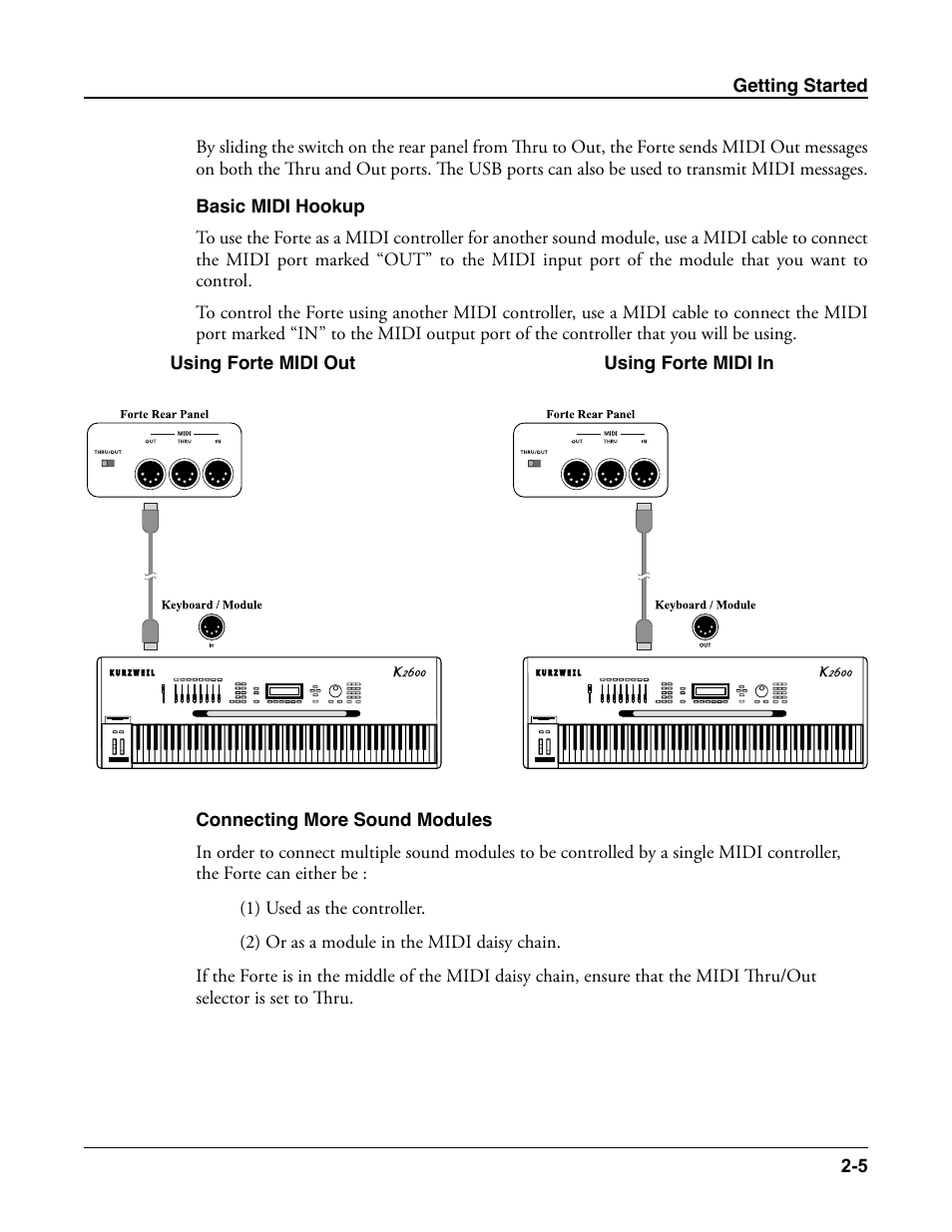 Basic midi hookup, Connecting more sound modules | Kurzweil Forte User Manual | Page 32 / 388