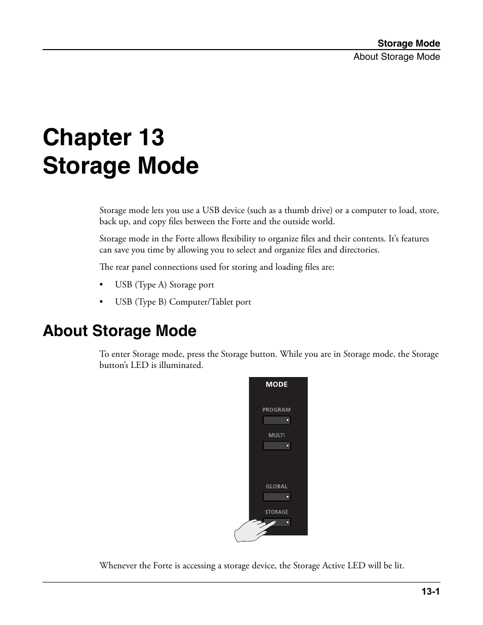 Storage mode, About storage mode, Storage mode -1 | About storage mode -1, Chapter 13 storage mode | Kurzweil Forte User Manual | Page 320 / 388
