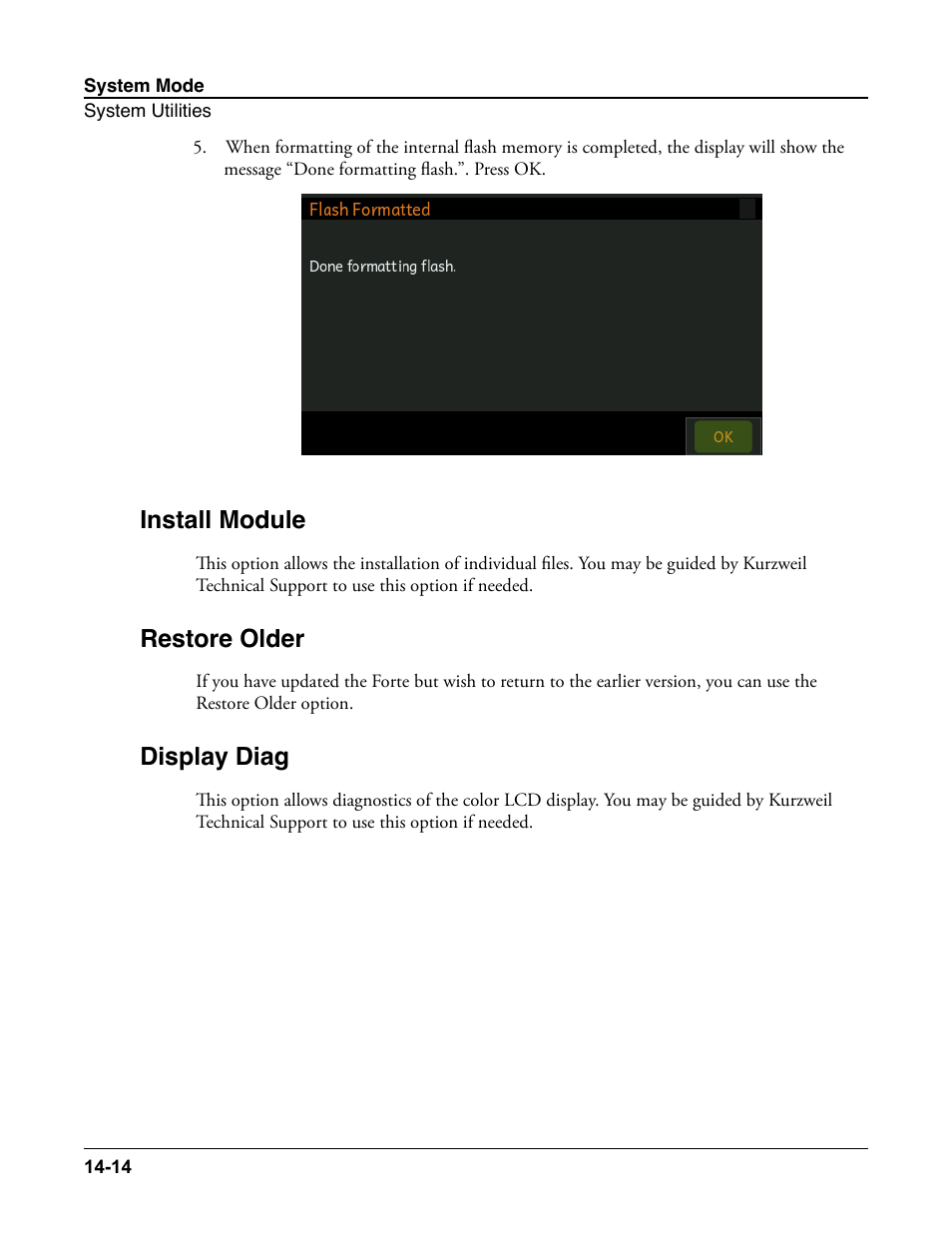 Install module, Restore older, Display diag | Kurzweil Forte User Manual | Page 344 / 388