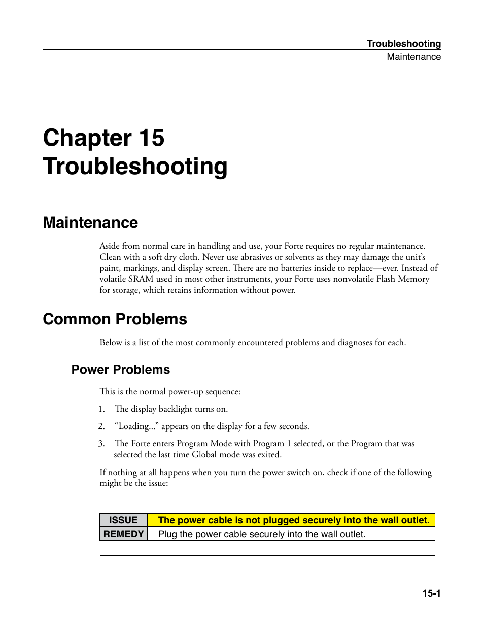 Troubleshooting, Maintenance, Common problems | Power problems, Troubleshooting -1, Maintenance -1, Common problems -1, Power problems -1, Chapter 15 troubleshooting | Kurzweil Forte User Manual | Page 345 / 388