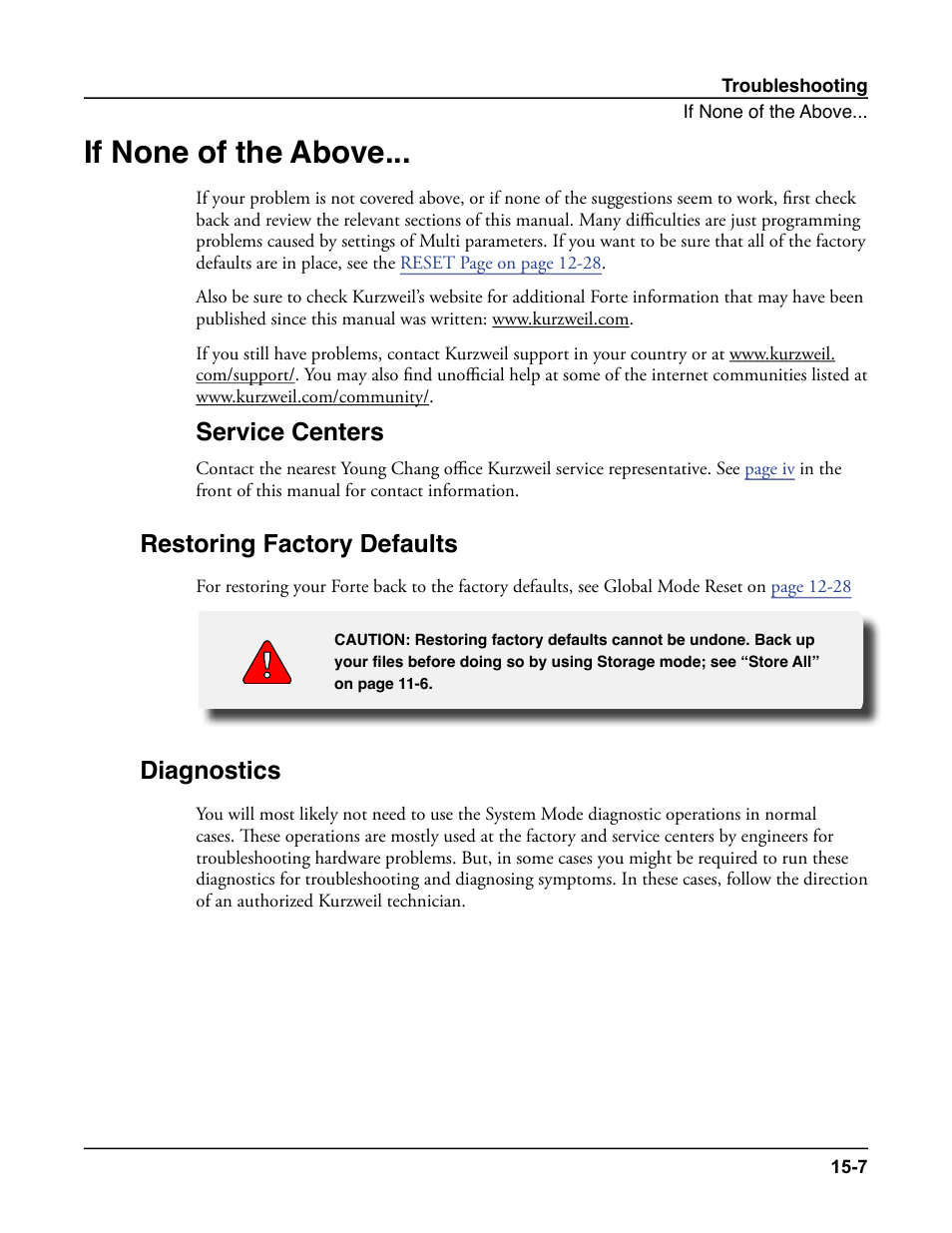 If none of the above, Restoring factory defaults, Diagnostics | If none of the above -7, Restoring factory defaults -7 diagnostics -7, Service centers | Kurzweil Forte User Manual | Page 351 / 388