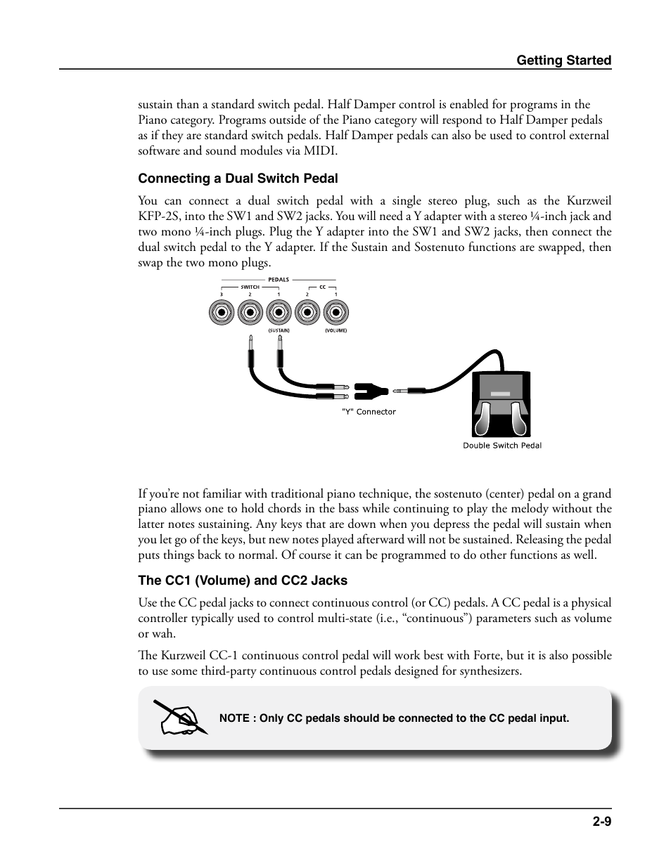 Connecting a dual switch pedal, The cc1 (volume) and cc2 jacks | Kurzweil Forte User Manual | Page 36 / 388