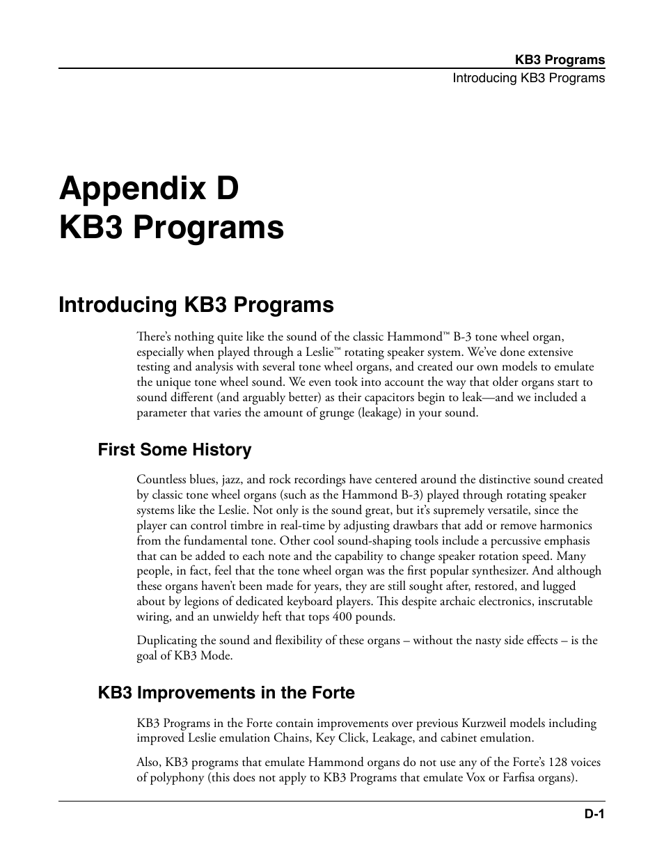 Kb3 programs, Introducing kb3 programs, First some history | Kb3 improvements in the forte, Appendix d kb3 programs | Kurzweil Forte User Manual | Page 360 / 388
