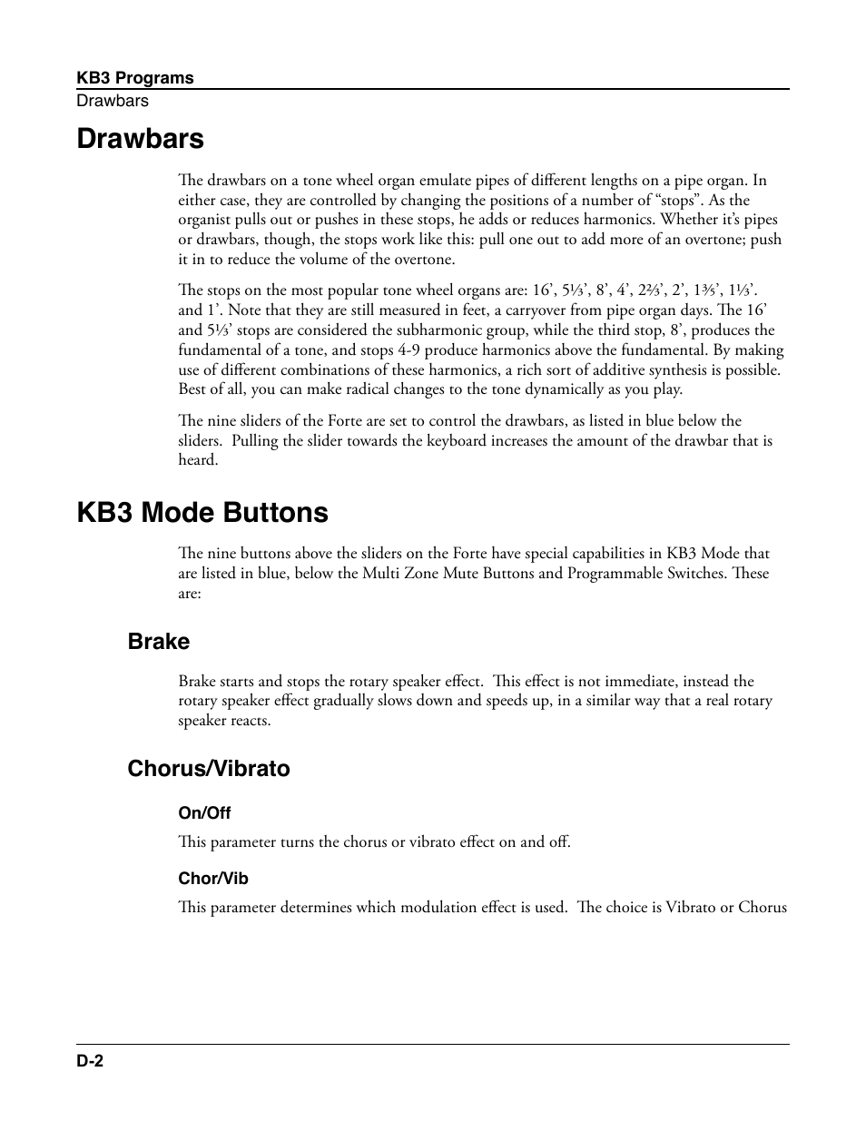 Drawbars, Kb3 mode buttons, Brake | Chorus/vibrato, On/off, Chor/vib | Kurzweil Forte User Manual | Page 361 / 388