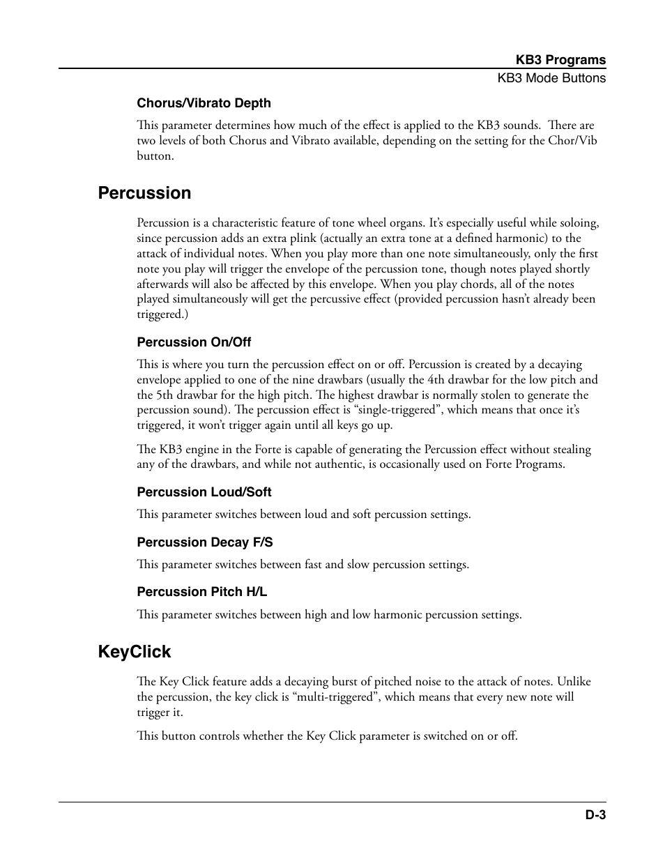 Chorus/vibrato depth, Percussion, Percussion on/off | Percussion loud/soft, Percussion decay f/s, Percussion pitch h/l, Keyclick | Kurzweil Forte User Manual | Page 362 / 388