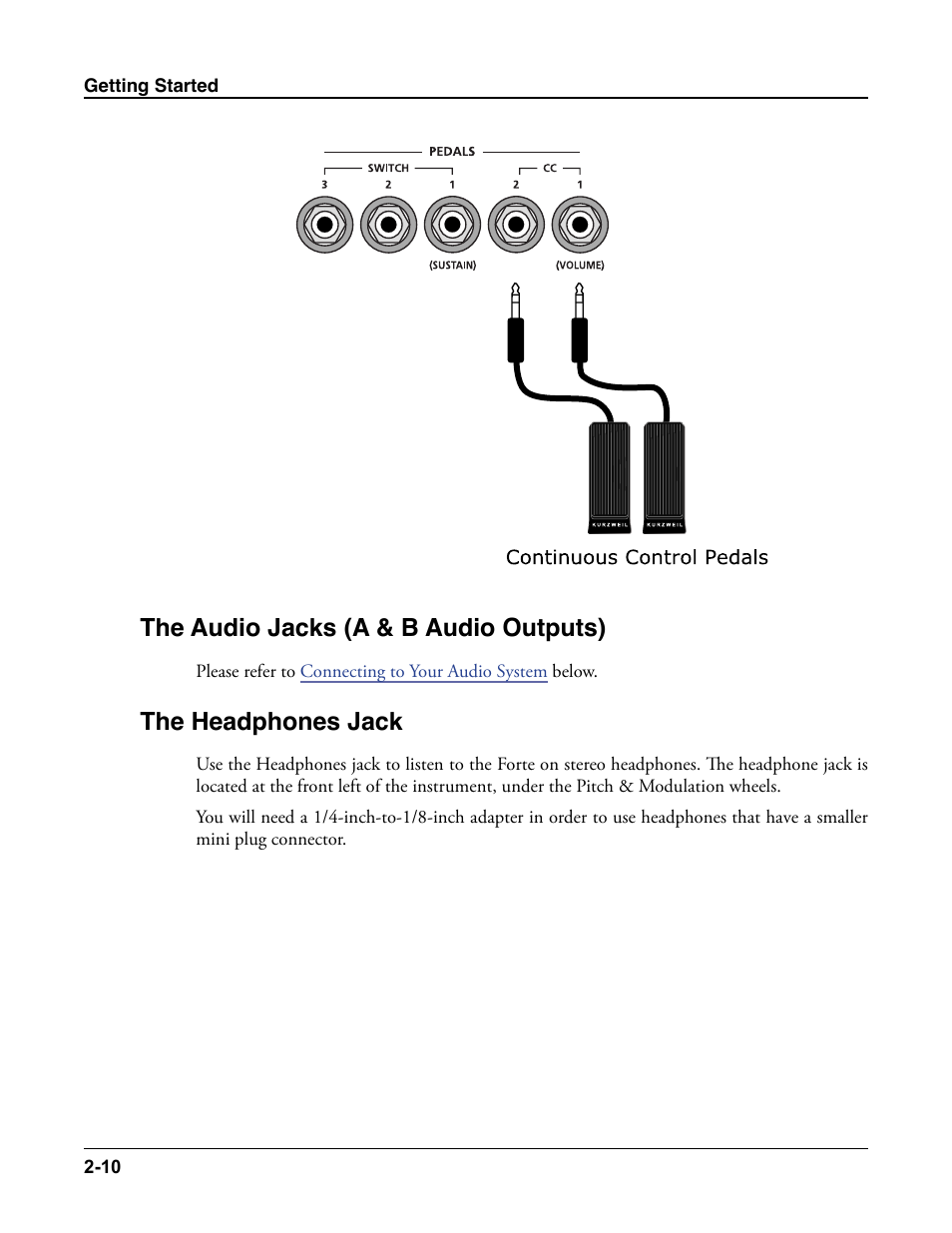 The audio jacks (a & b audio outputs), The headphones jack | Kurzweil Forte User Manual | Page 37 / 388