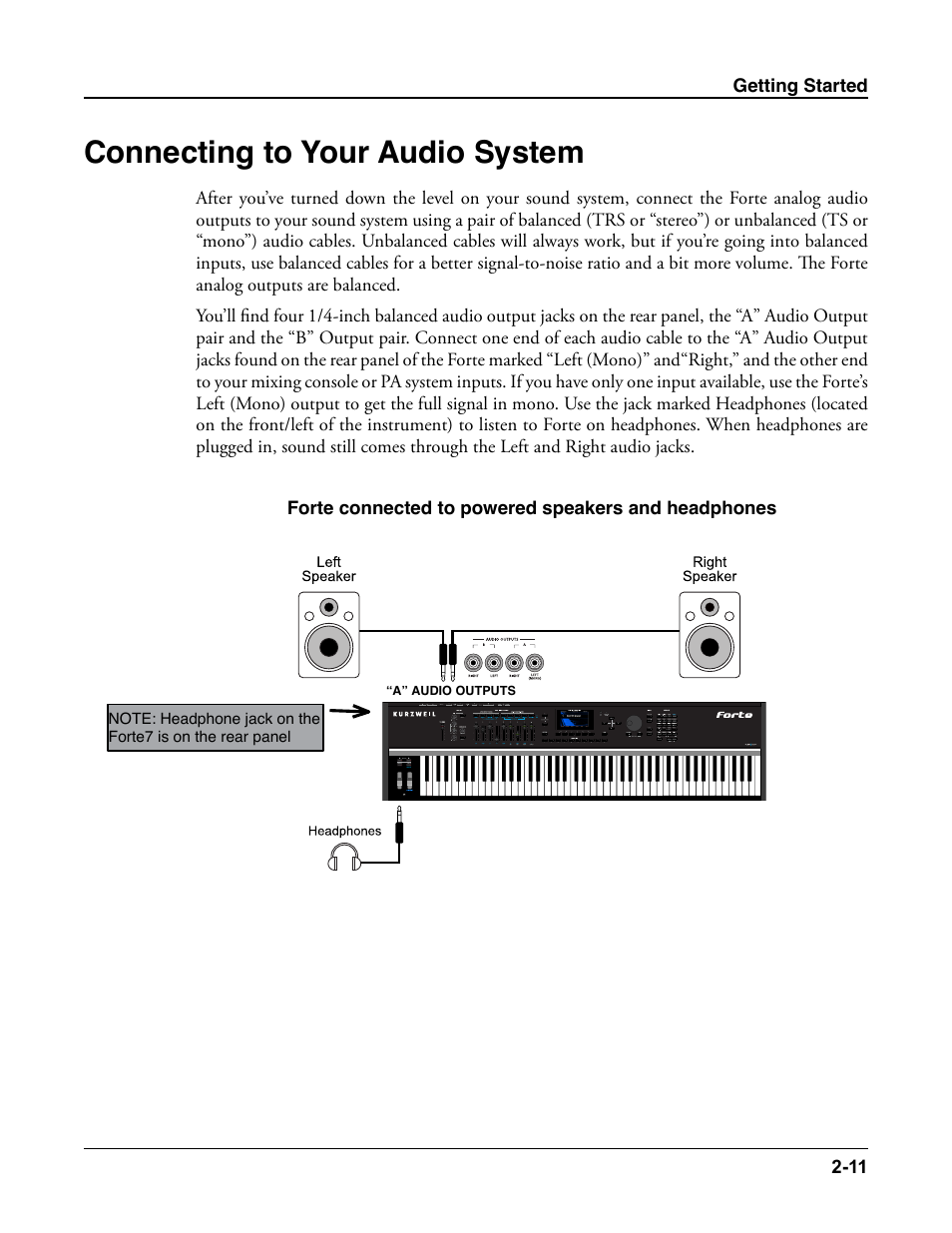 Connecting to your audio system, Connecting to your audio system -11 | Kurzweil Forte User Manual | Page 38 / 388