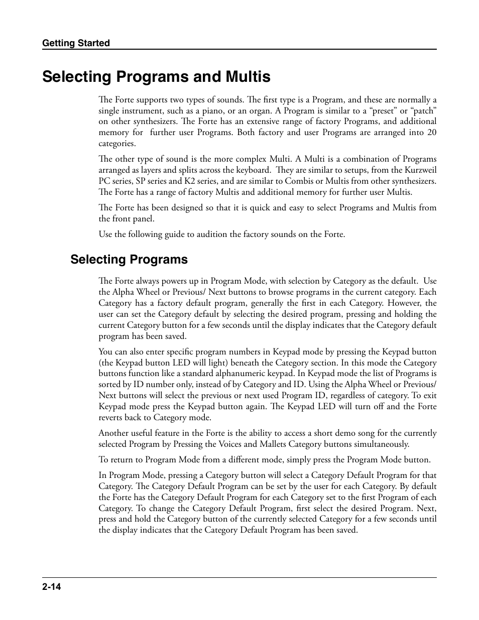 Selecting programs and multis, Selecting programs, Selecting programs and multis -14 | Selecting programs -14 | Kurzweil Forte User Manual | Page 41 / 388