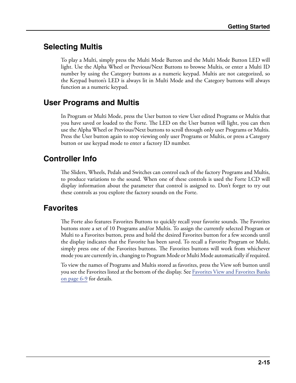 Selecting multis, User programs and multis, Controller info | Favorites, Selecting multis -15 user programs and multis -15, Controller info -15 favorites -15 | Kurzweil Forte User Manual | Page 42 / 388