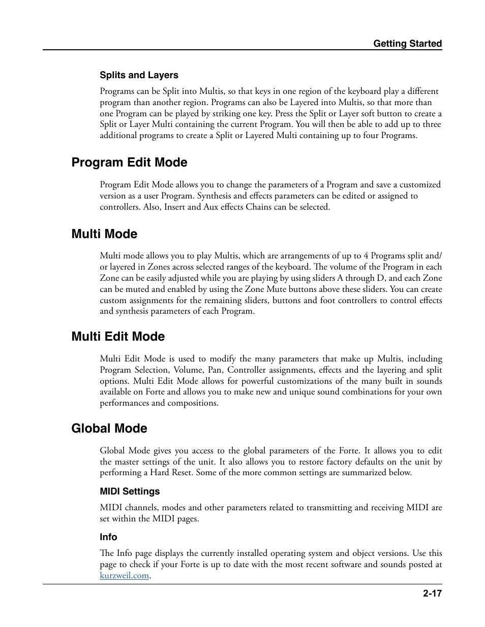 Splits and layers, Program edit mode, Multi mode | Multi edit mode, Global mode, Midi settings, Info, Splits and layers -17, Midi settings -17 info -17 | Kurzweil Forte User Manual | Page 44 / 388