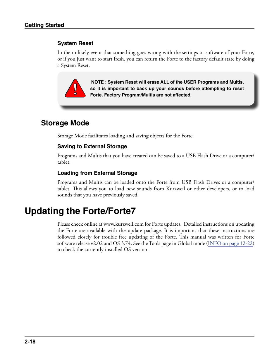 System reset, Storage mode, Saving to external storage | Loading from external storage, Updating the forte/forte7, System reset -18, Storage mode -18, Updating the forte/forte7 -18 | Kurzweil Forte User Manual | Page 45 / 388