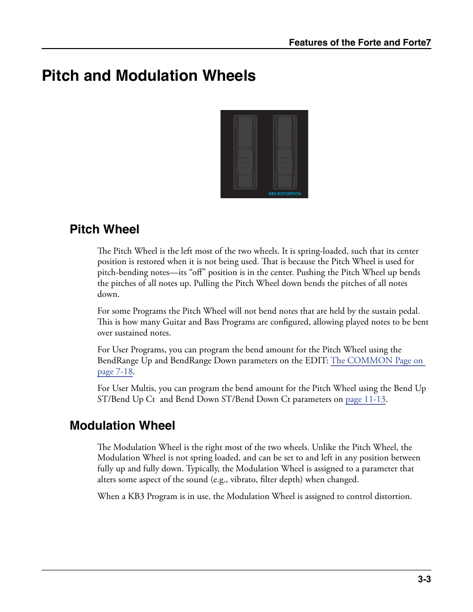 Pitch and modulation wheels, Pitch wheel, Modulation wheel | Pitch and modulation wheels -3, Pitch wheel -3 modulation wheel -3 | Kurzweil Forte User Manual | Page 48 / 388