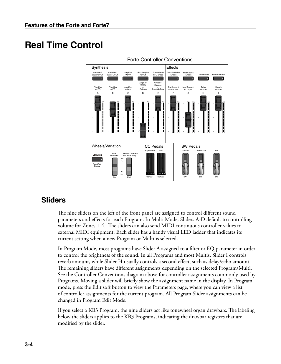 Real time control, Sliders, Real time control -4 | Sliders -4, Features of the forte and forte7 3-4, Forte controller conventions, Sw pedals, Wheels/variation, Effects synthesis, Cc pedals | Kurzweil Forte User Manual | Page 49 / 388