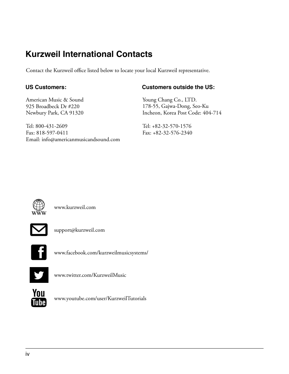 Kurzweil international contacts | Kurzweil Forte User Manual | Page 5 / 388