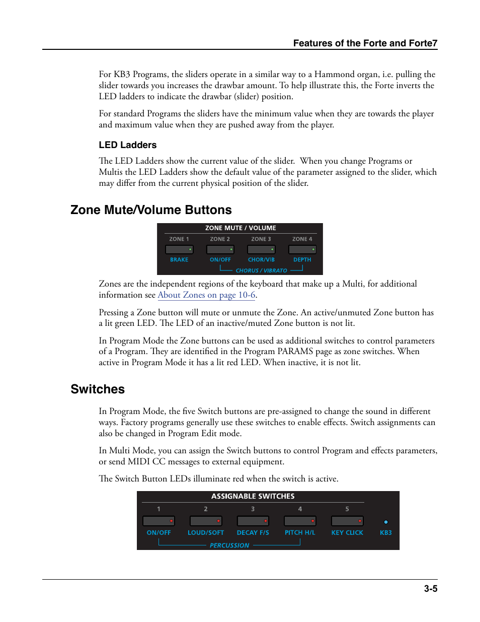 Led ladders, Zone mute/volume buttons, Switches | Led ladders -5, Zone mute/volume buttons -5 switches -5 | Kurzweil Forte User Manual | Page 50 / 388