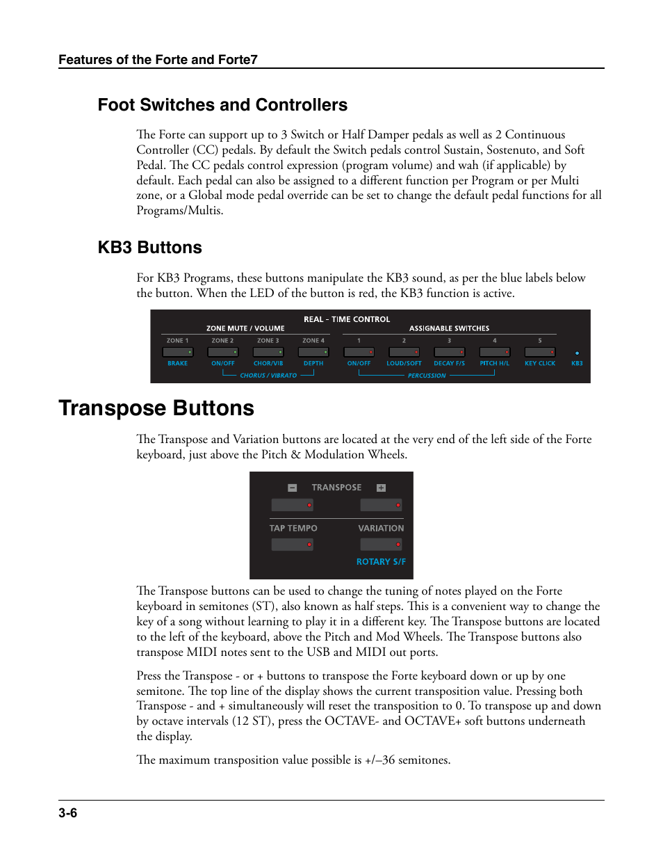 Foot switches and controllers, Kb3 buttons, Transpose buttons | Foot switches and controllers -6 kb3 buttons -6, Transpose buttons -6 | Kurzweil Forte User Manual | Page 51 / 388