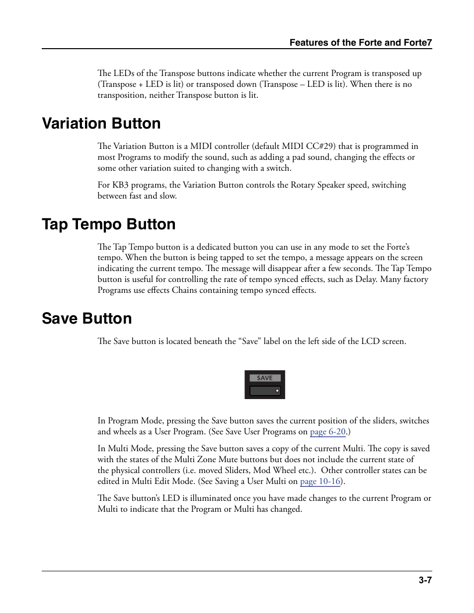 Variation button, Tap tempo button, Save button | Variation button -7, Tap tempo button -7, Save button -7 | Kurzweil Forte User Manual | Page 52 / 388