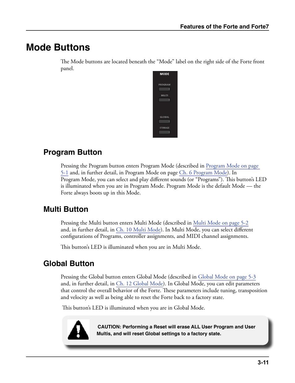 Mode buttons, Program button, Multi button | Global button, Mode buttons -11 | Kurzweil Forte User Manual | Page 56 / 388