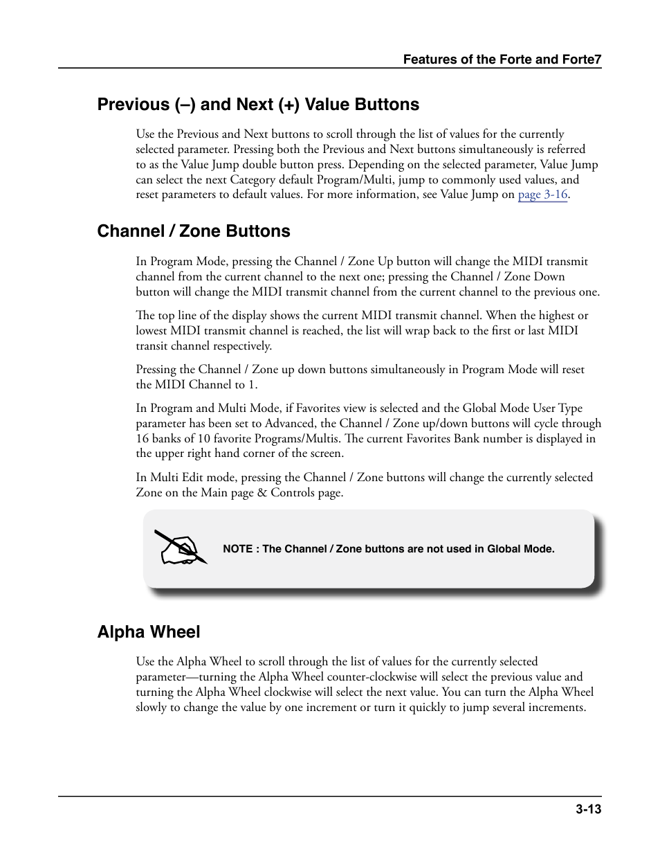 Previous (–) and next (+) value buttons, Channel / zone buttons, Alpha wheel | Kurzweil Forte User Manual | Page 58 / 388