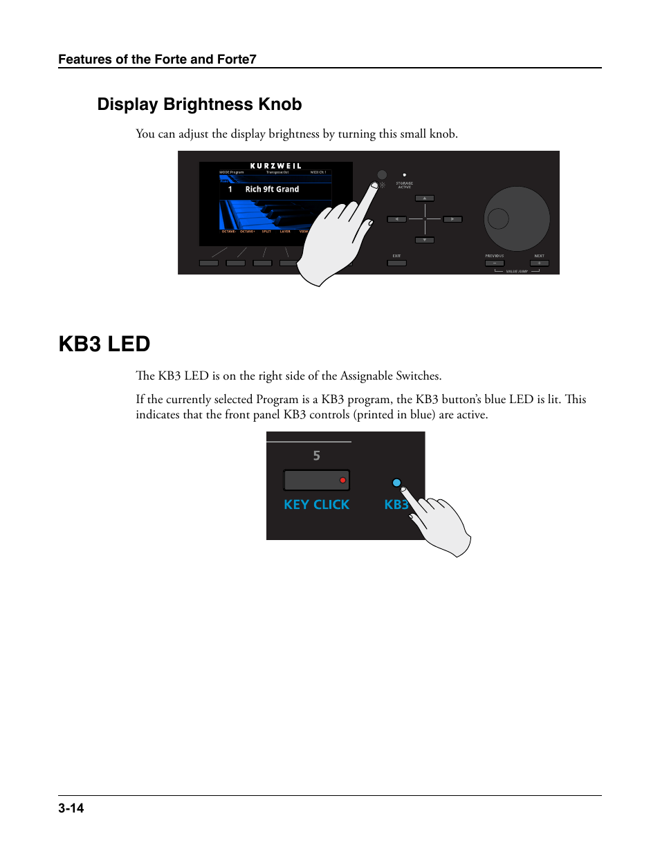 Display brightness knob, Kb3 led, Display brightness knob -14 | Kb3 led -14 | Kurzweil Forte User Manual | Page 59 / 388