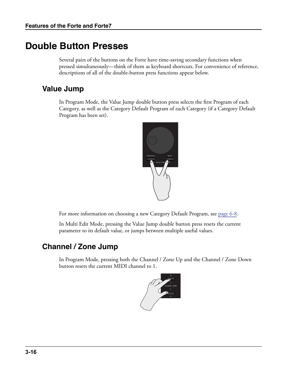 Double button presses, Value jump, Channel / zone jump | Double button presses -16, Value jump -16 channel / zone jump -16 | Kurzweil Forte User Manual | Page 61 / 388