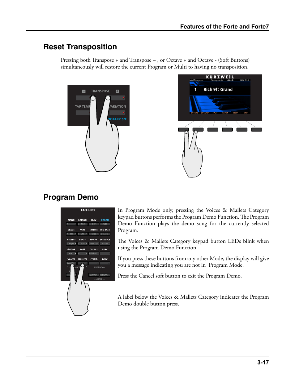 Reset transposition, Program demo, Reset transposition -17 program demo -17 | Kurzweil Forte User Manual | Page 62 / 388