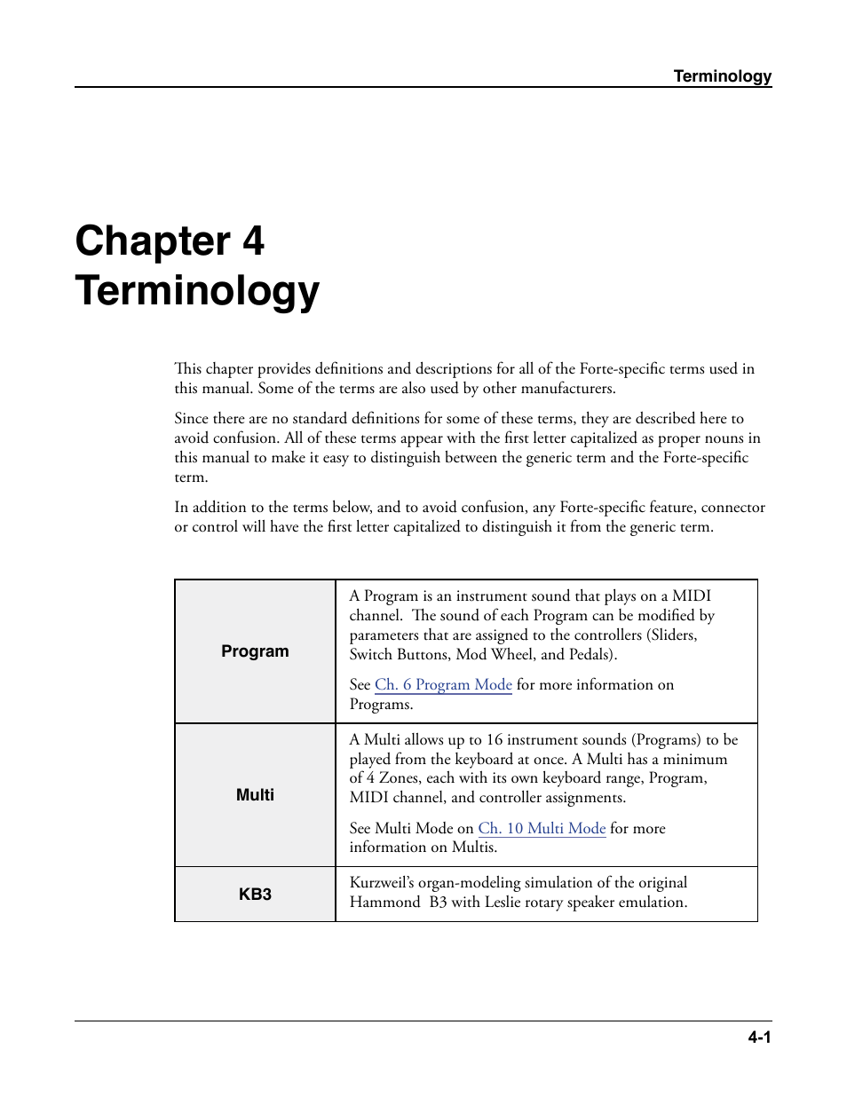 Terminology, Terminology -1, Chapter 4 terminology | Kurzweil Forte User Manual | Page 65 / 388