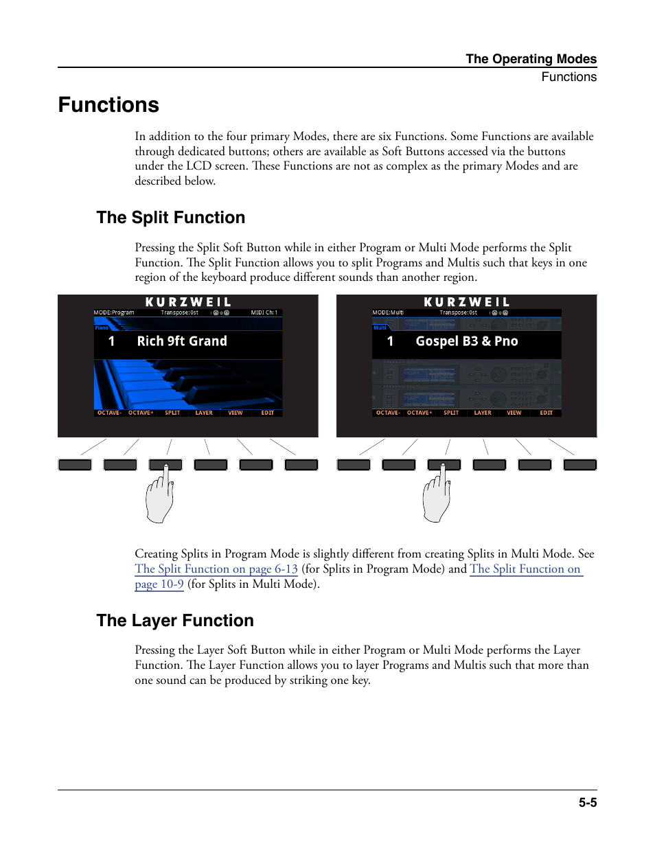 Functions, The split function, The layer function | Functions -5, The split function -5 the layer function -5 | Kurzweil Forte User Manual | Page 71 / 388
