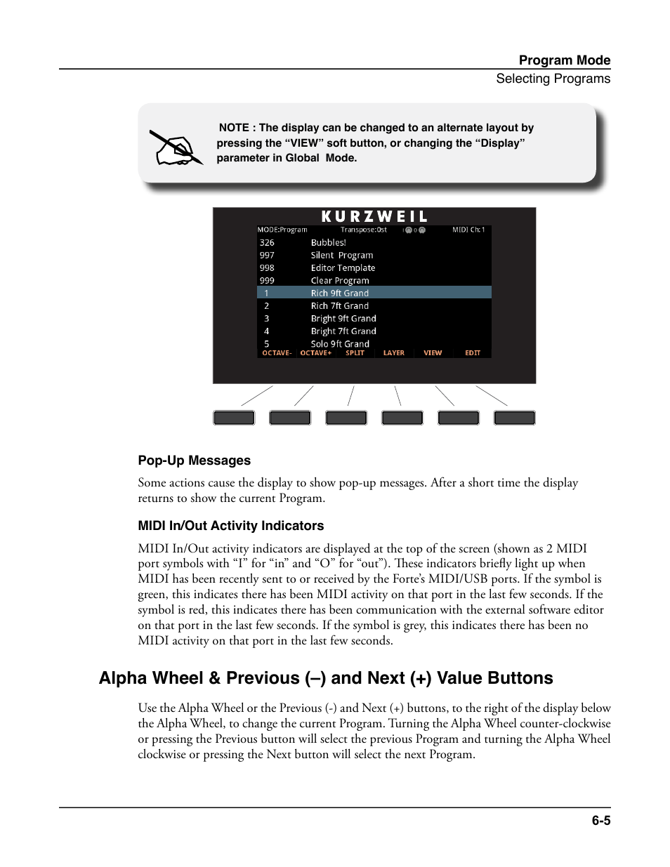 Pop-up messages, Midi in/out activity indicators | Kurzweil Forte User Manual | Page 79 / 388