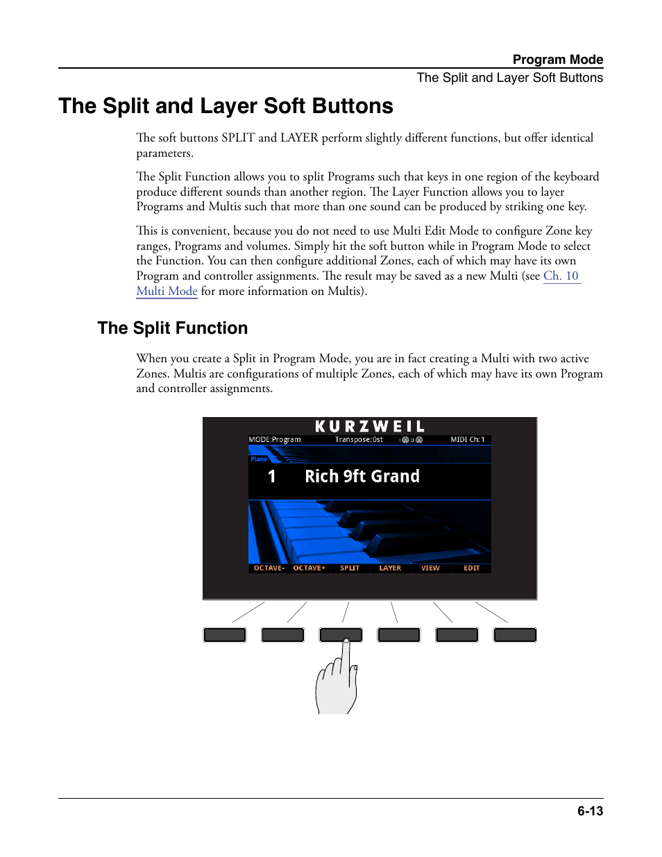 The split and layer soft buttons, The split function, The split and layer soft buttons -13 | The split function -13 | Kurzweil Forte User Manual | Page 87 / 388