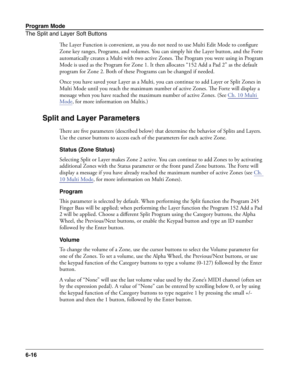 Split and layer parameters, Status (zone status), Program | Volume, Split and layer parameters -16, Status (zone status) -16 program -16 volume -16 | Kurzweil Forte User Manual | Page 90 / 388
