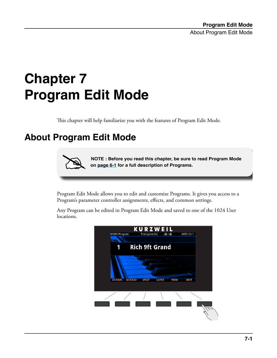 Program edit mode, About program edit mode, Program edit mode -1 | About program edit mode -1, Chapter 7 program edit mode | Kurzweil Forte User Manual | Page 98 / 388