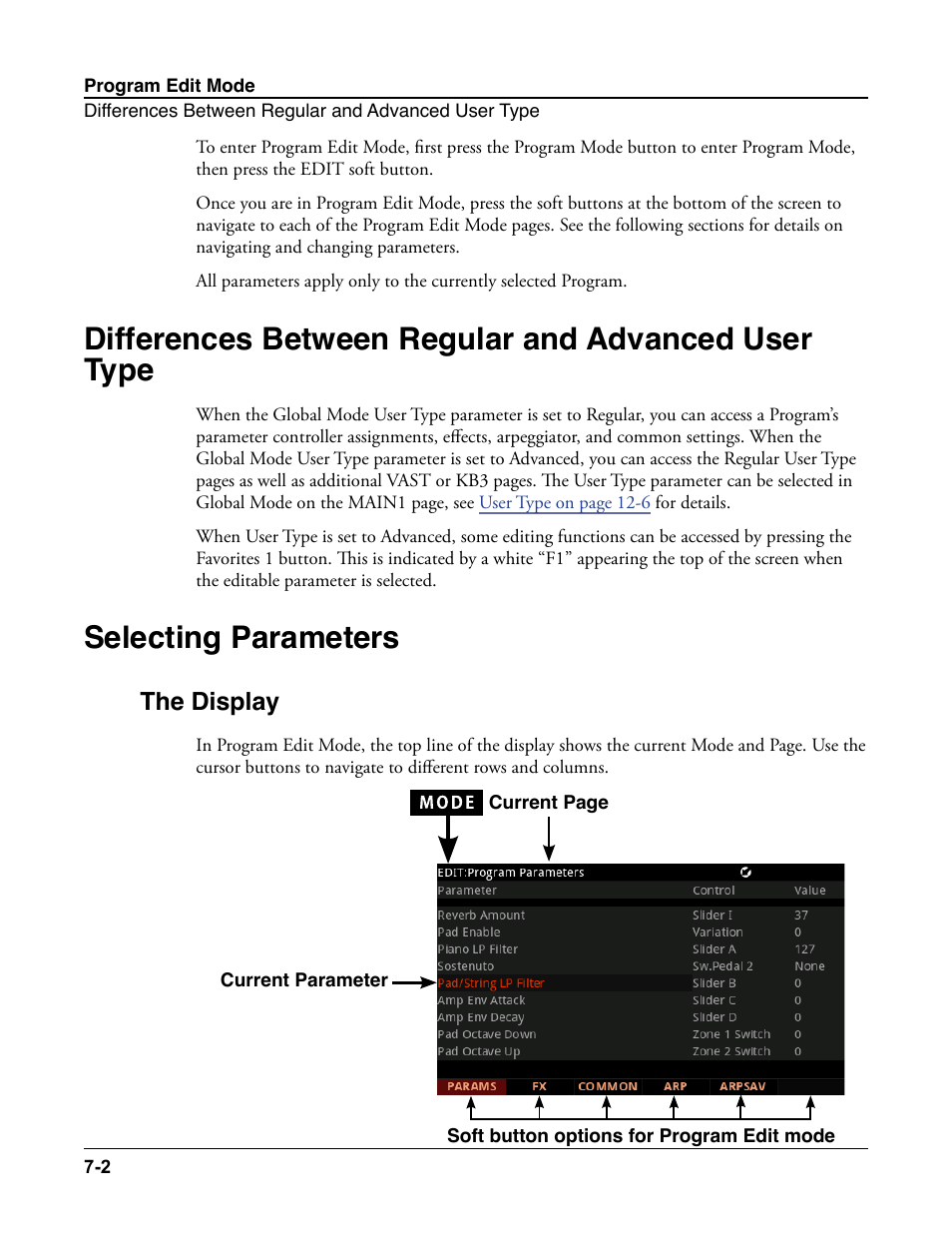 Differences between regular and advanced user type, Selecting parameters, The display | Selecting parameters -2, The display -2 | Kurzweil Forte User Manual | Page 99 / 388
