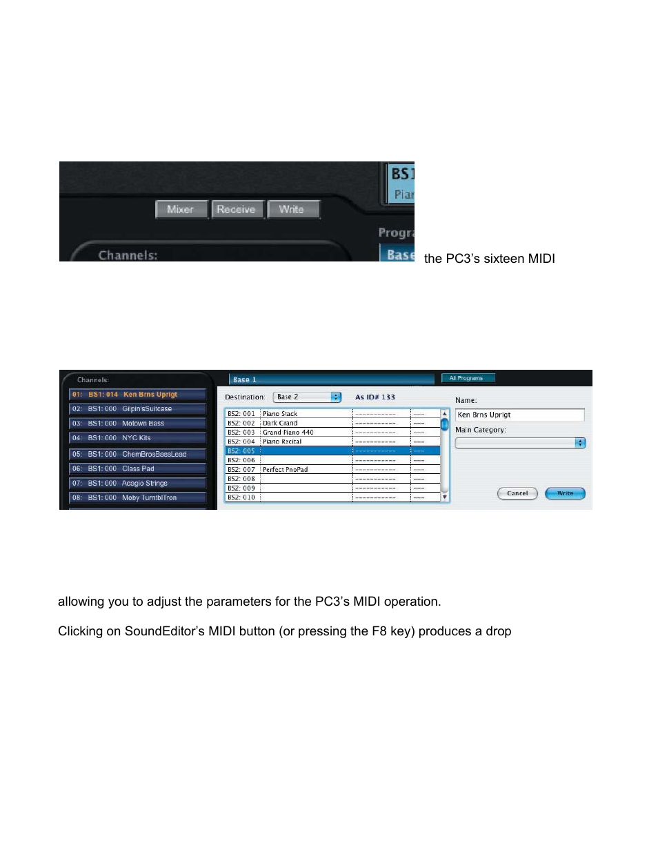 Midi channel toolbar, Modes toolbar - midi button | Kurzweil PC3 SoundEditor User Manual | Page 28 / 96