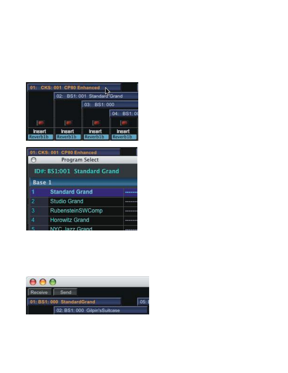 Selecting mixer programs, Receive and send buttons | Kurzweil PC3 SoundEditor User Manual | Page 76 / 96