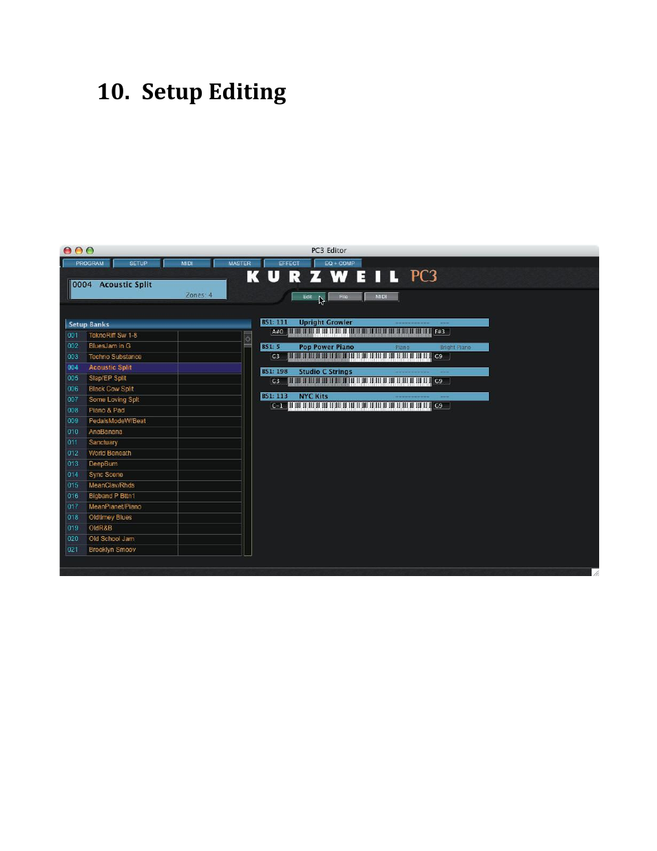 Setup editing, Setup window | Kurzweil PC3 SoundEditor User Manual | Page 80 / 96
