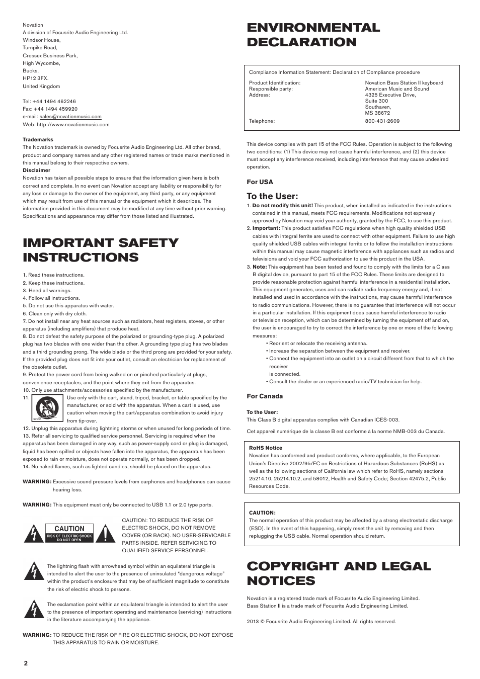 Important safety instructions, Environmental declaration, Copyright and legal notices | Novation Bass Station II User Manual | Page 2 / 22