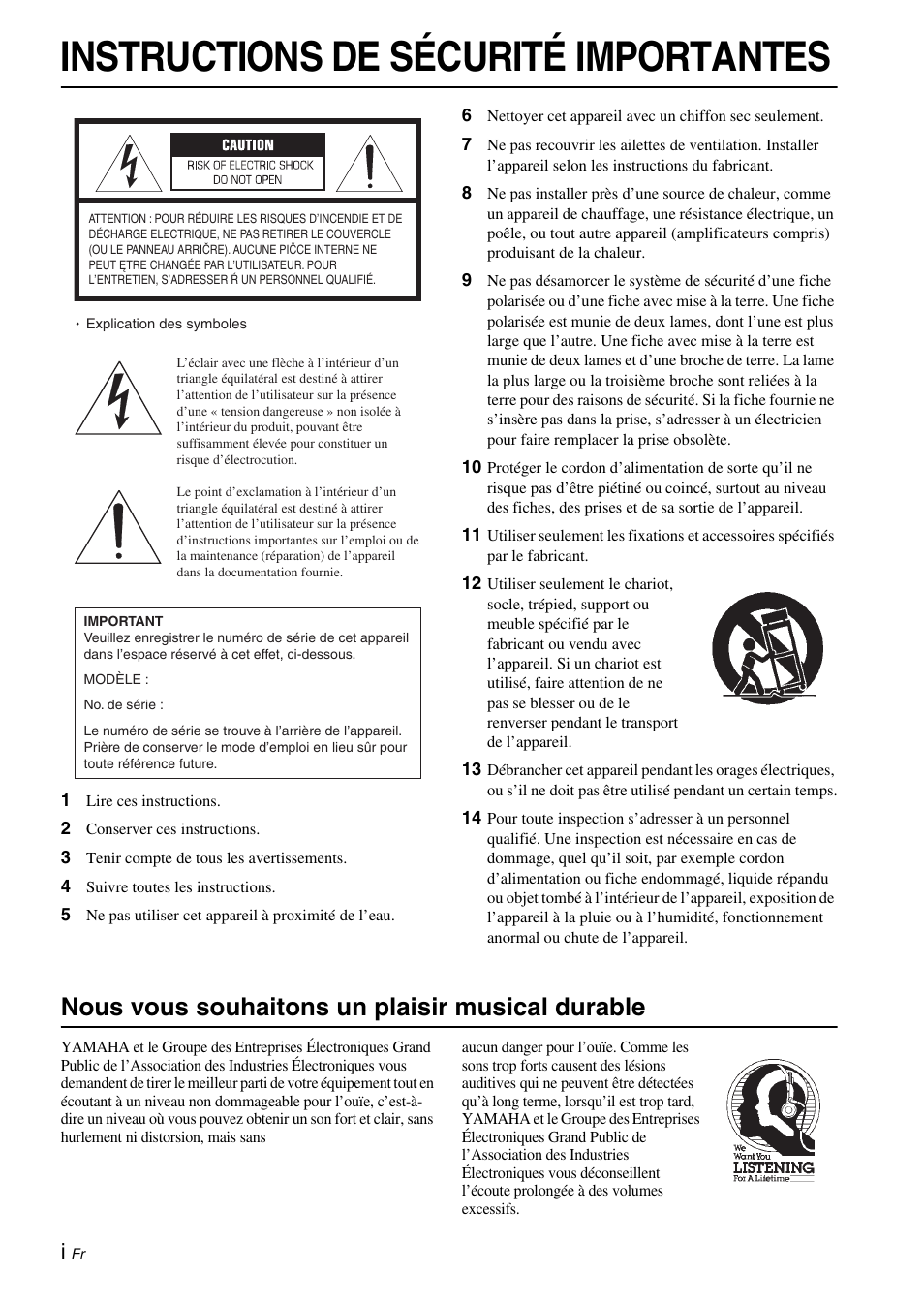 Instructions de sécurité importantes, Nous vous souhaitons un plaisir musical durable | Yamaha NS-SW050 User Manual | Page 12 / 32