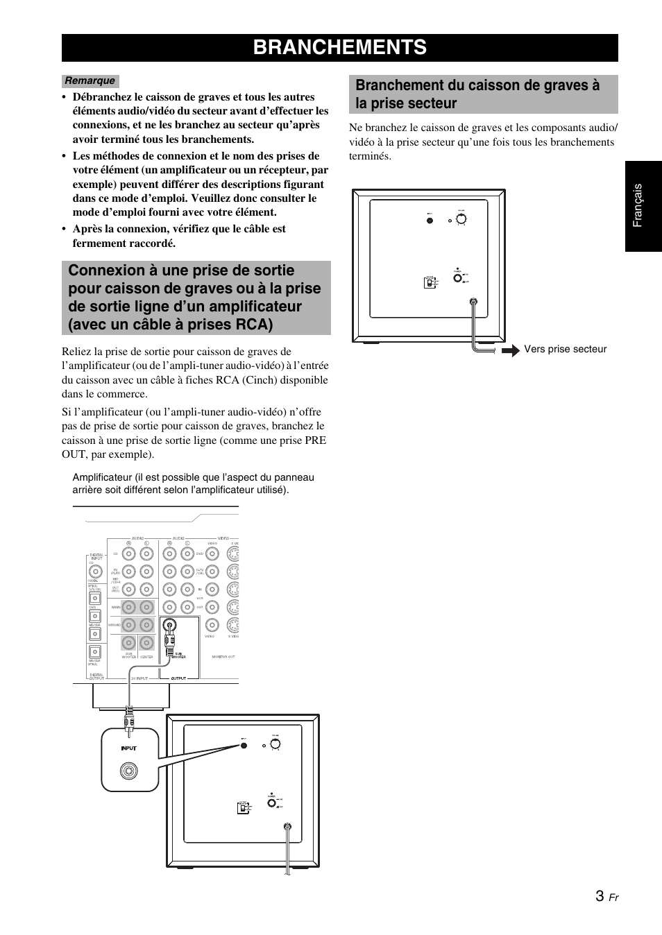 Branchements | Yamaha NS-SW050 User Manual | Page 17 / 32