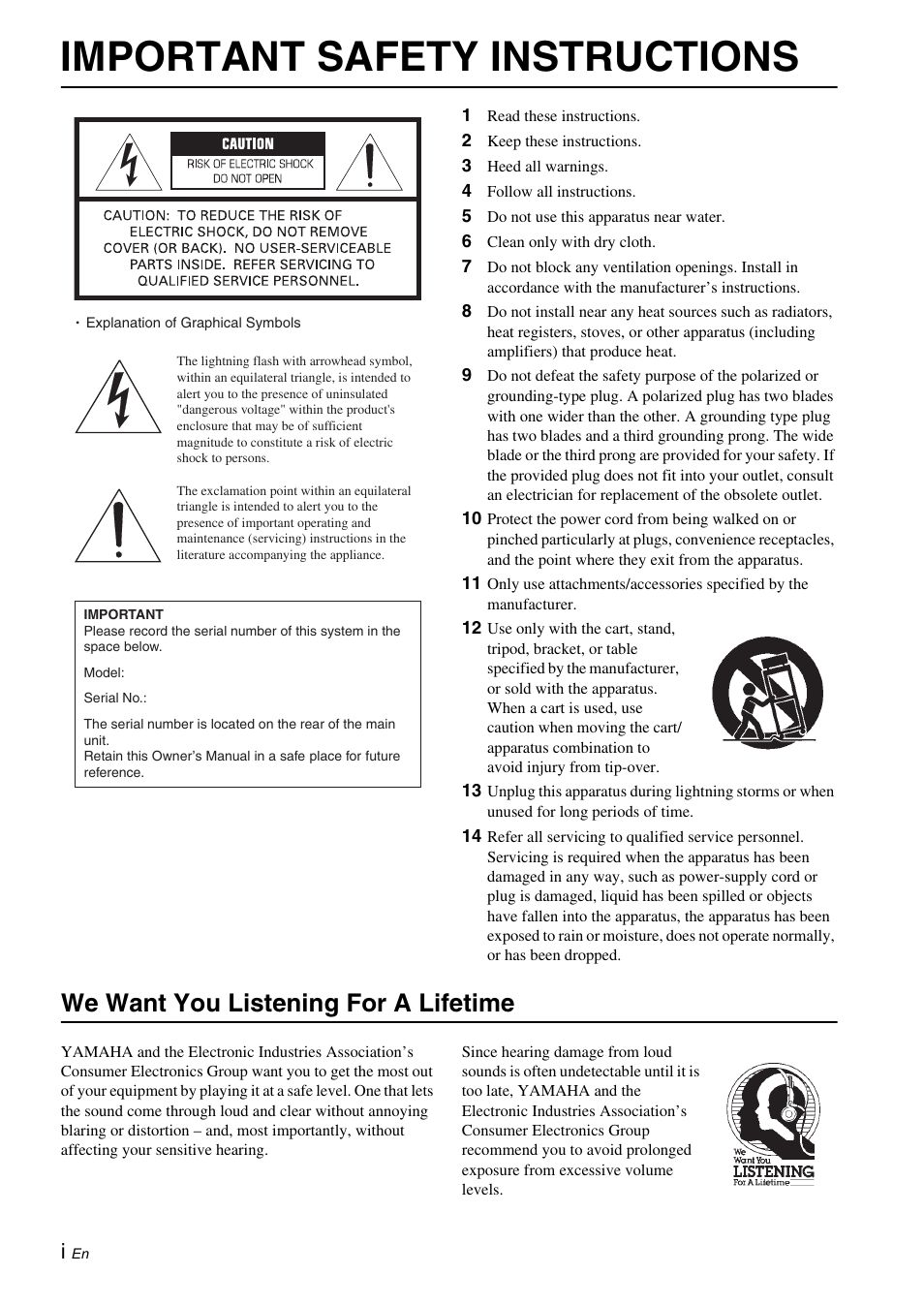 English, Important safety instructions, We want you listening for a lifetime | Yamaha NS-SW050 User Manual | Page 2 / 32