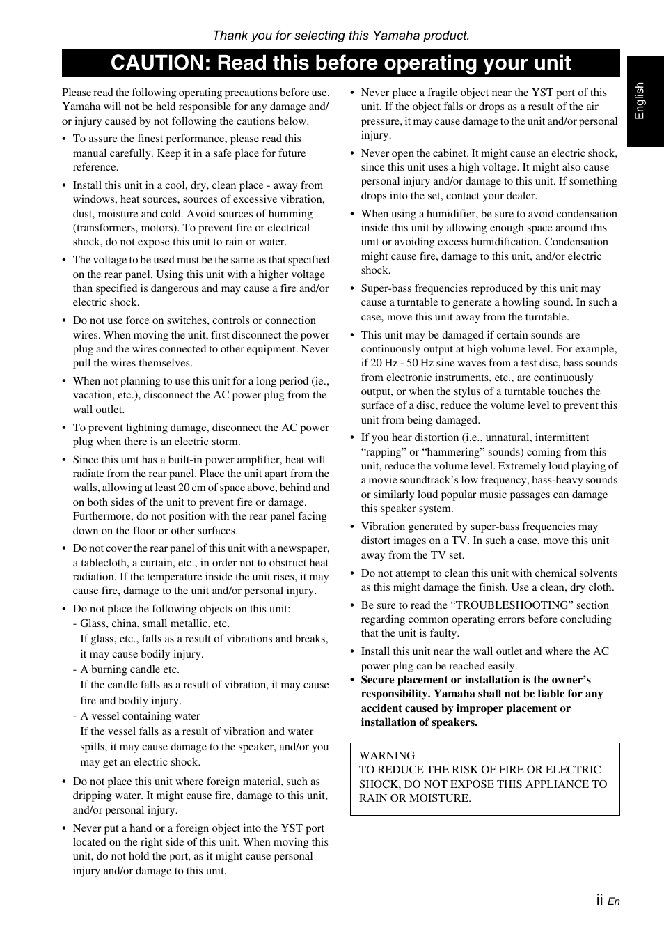 Caution: read this before operating your unit | Yamaha NS-SW050 User Manual | Page 3 / 32